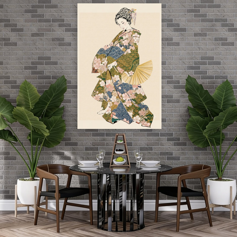«Graceful Kimono Woman Traditional Cherry», reproduction d'art murale, H 60 po x l 40 po