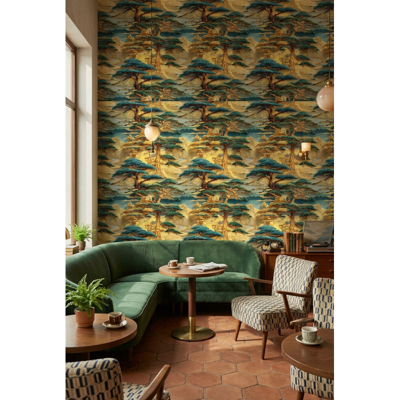 Oriental Landscape Wallpaper Vintage Gold Wall Mural