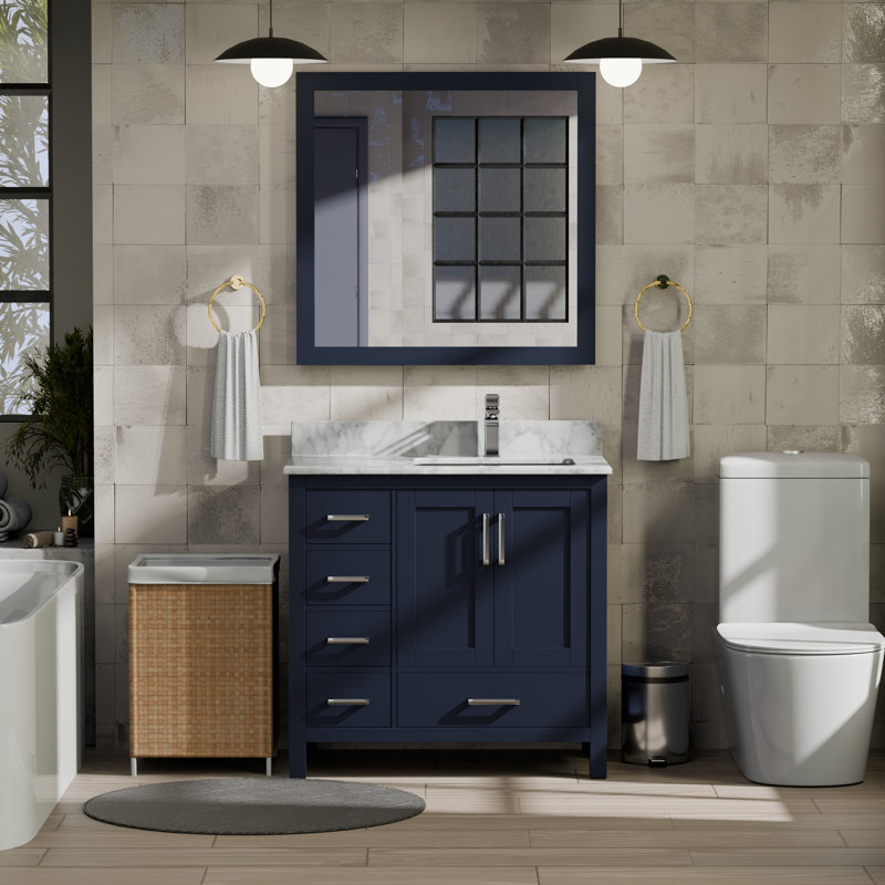 Jacques 36 in W x 22 in D Right Offset Single Bath Vanity and 34 in Mirror, Navy Blue