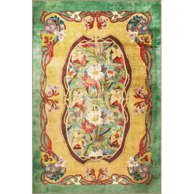 Green Yellow Themed Floral Patterned Creative Modern Decorative Carpet