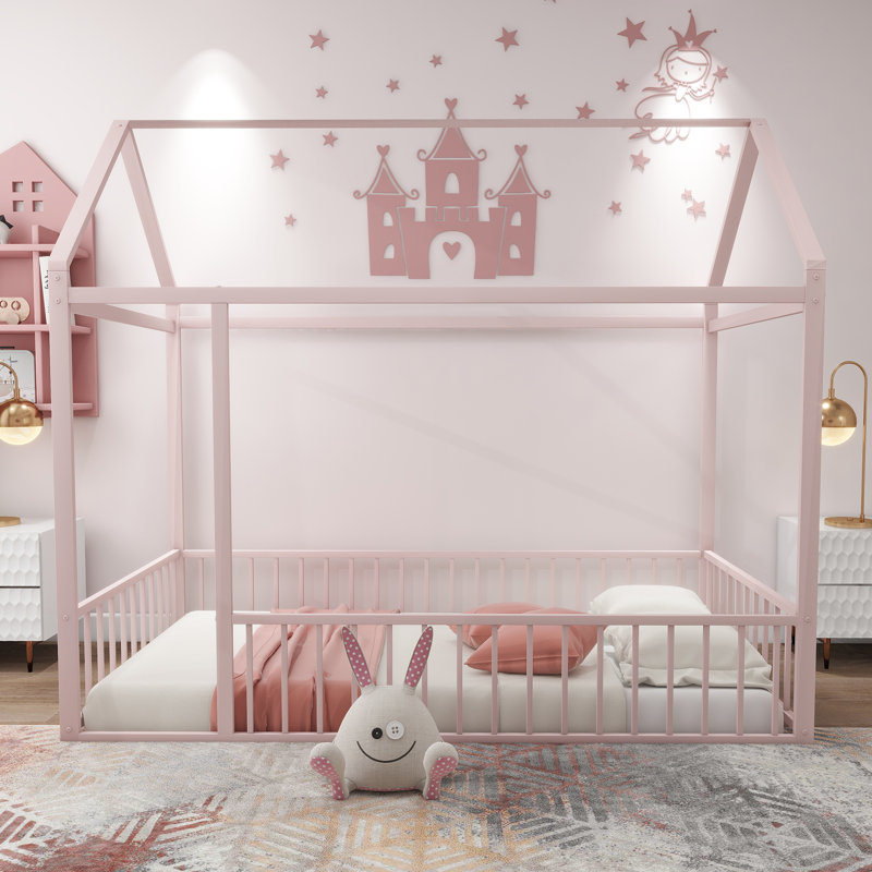 Metal Bed House Bed Frame With Fence, For Kids, Teens, Girls, Boys, Twin, Pink