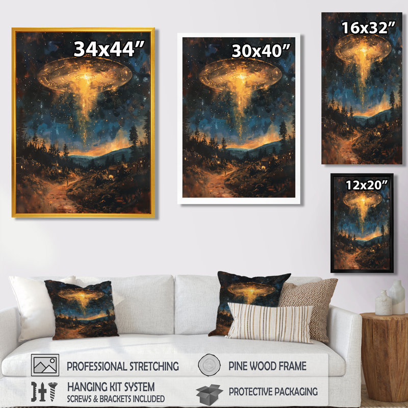 Jaune jaune bleu ciel visiteur Ufos - décoration murale Ufos, Toile tendue, H 32 po x l 24 po x P 1 po