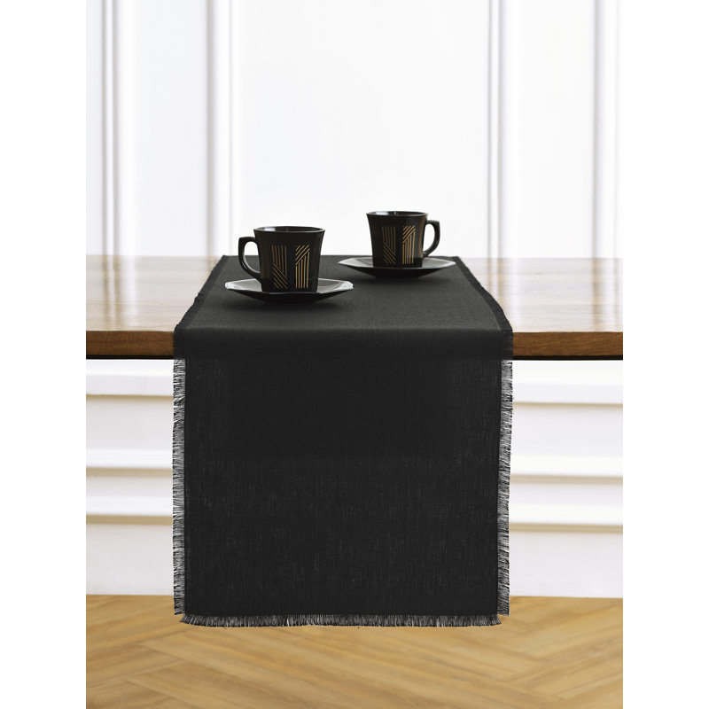 Fringe - 100% Pure Linen Table Runner, 108" x 14" Rectangle, Black