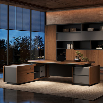 94.49"Brown L-Shaped Double-Cabinet Desk