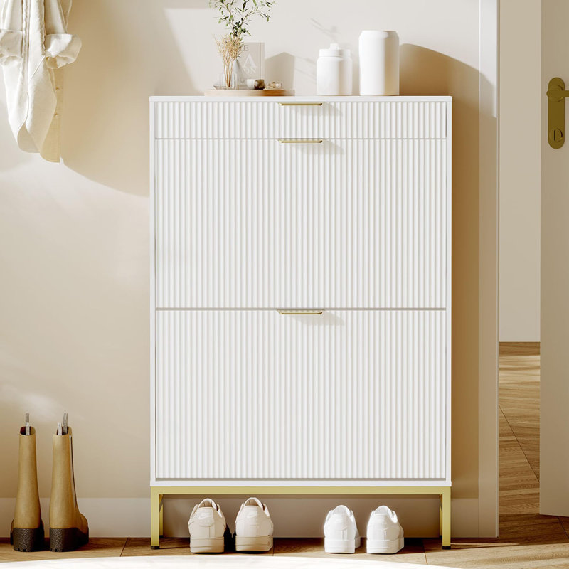 Rangement cannelé pour chaussures, range-chaussures étroit avec 2 tiroirs rabattables, Blanc
