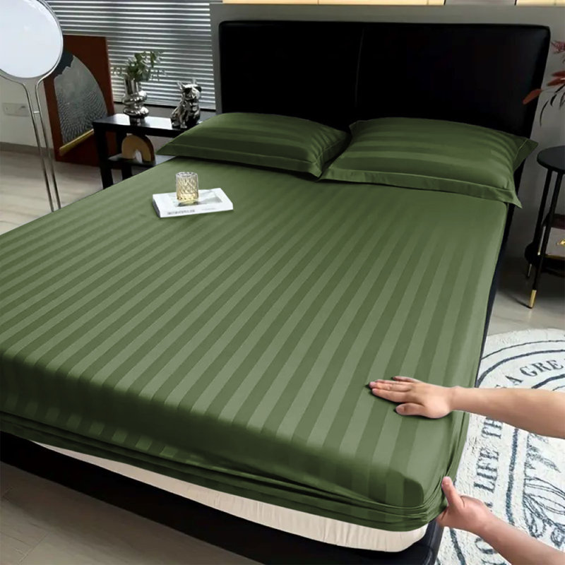 Aspire Homeware Luxury 40cm Deep Striped Fitted Sheet for Hotel Style Bedroom Comfort, Olive Green, Double (4'6)