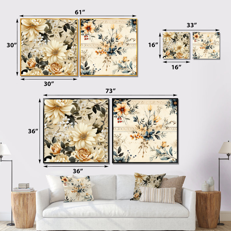 Vierzon - Ensemble de 2 impressions sur toile florales, Cadre noir, H 16 po x l 33 po x P 1 po
