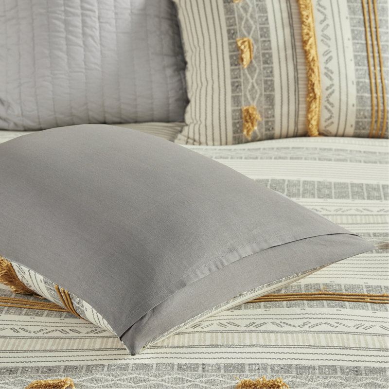 Ensemble d'édredon en coton 3 pièces gris / jaune double / grand, Édredon pour grand lit + 2 taies décoratives