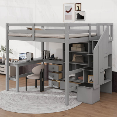 Lit mezzanine double avec bureau et tiroirs, armoire et escalier de rangement