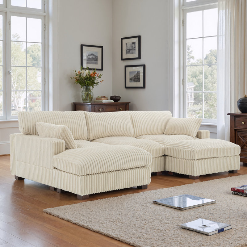 Canapé modulaire réversible 5 pièces en flanelle de fourrure de lapin avec canapé modulaire 5 pièces, Fausse fourrure blanche