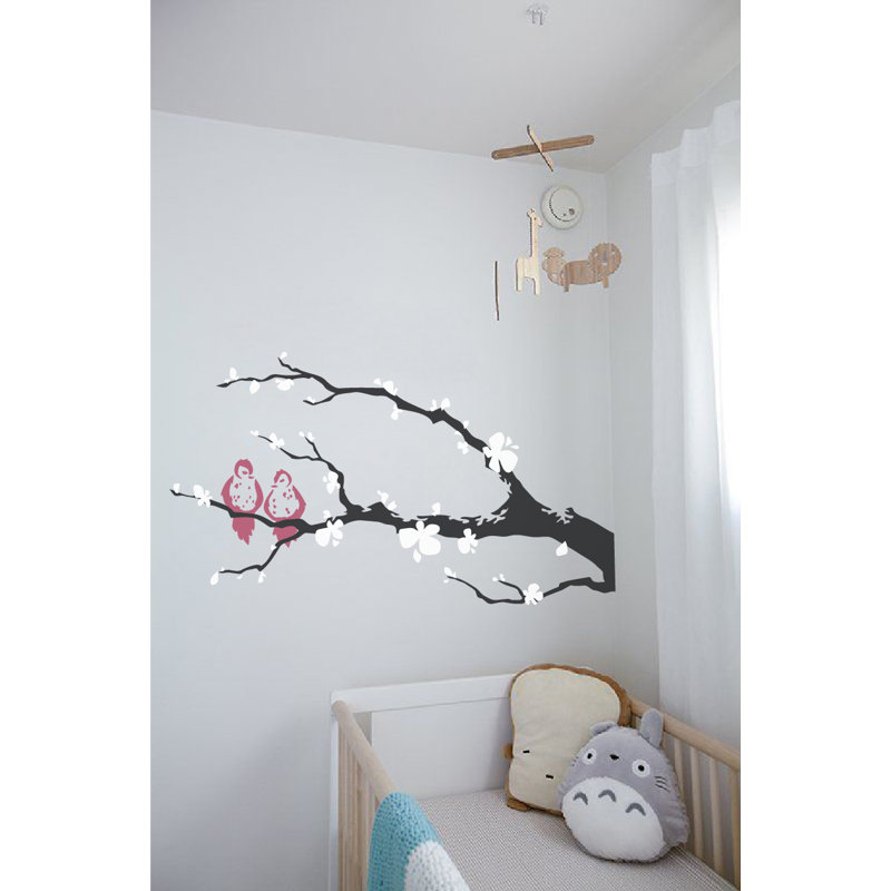 Décalcomanie murale branche arbre love oiseaux, Blanc / rose / noir, H 21 po x l 40 po x P 0,01 po