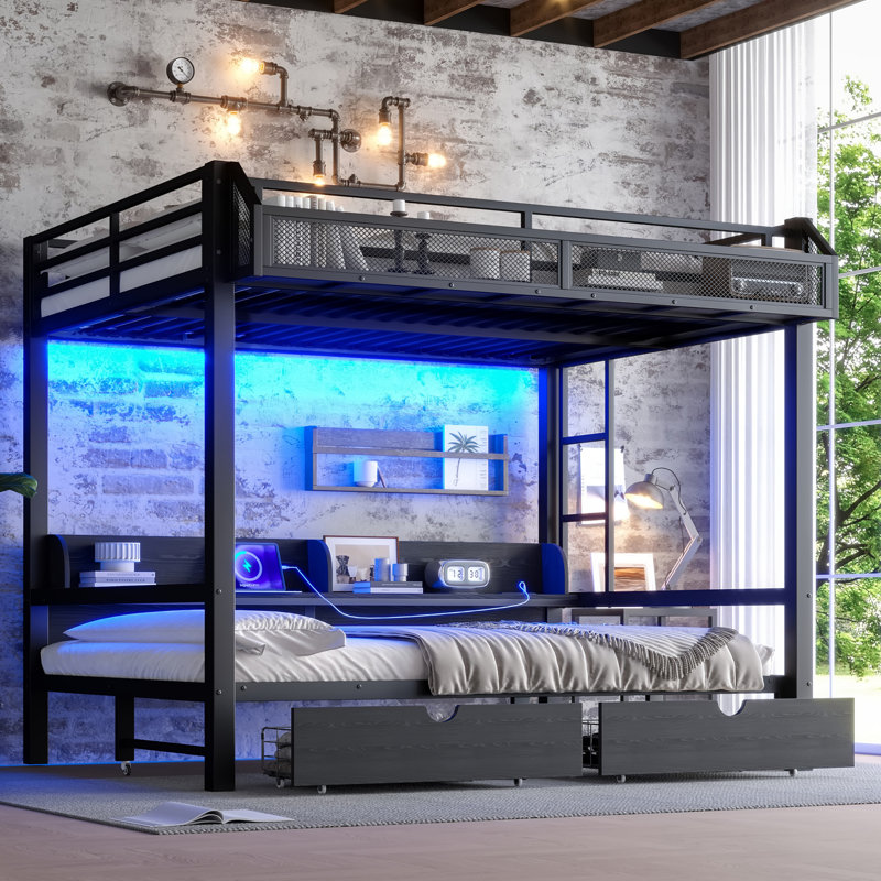 Queen over Queen Metal Bunk Bed with Storage, USB Ports, LED Lights, Lower Sofa Conversion and Drawers, Black, Queen