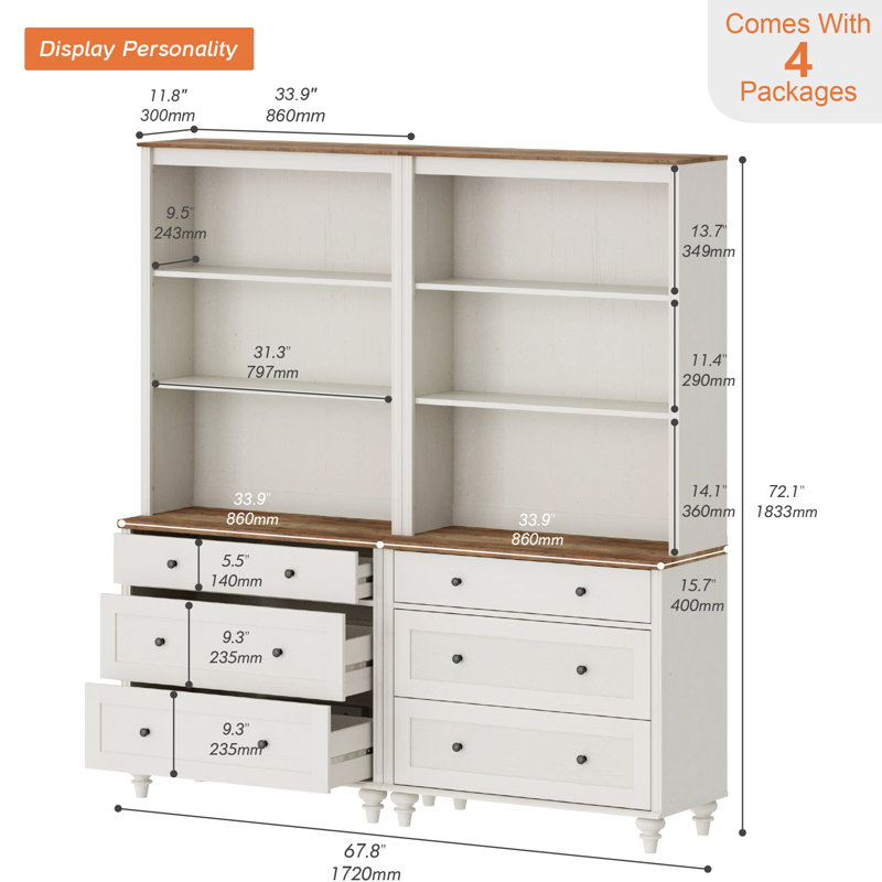 Sideboard Cabinet With Bar Hutch, Buffet Cabinet With Drawers And 3 Tier Shelves, 68'', White