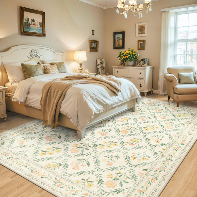 8x10 Washable Vintage Floral Area Rug with Non-Slip Backing in Beige/Multi