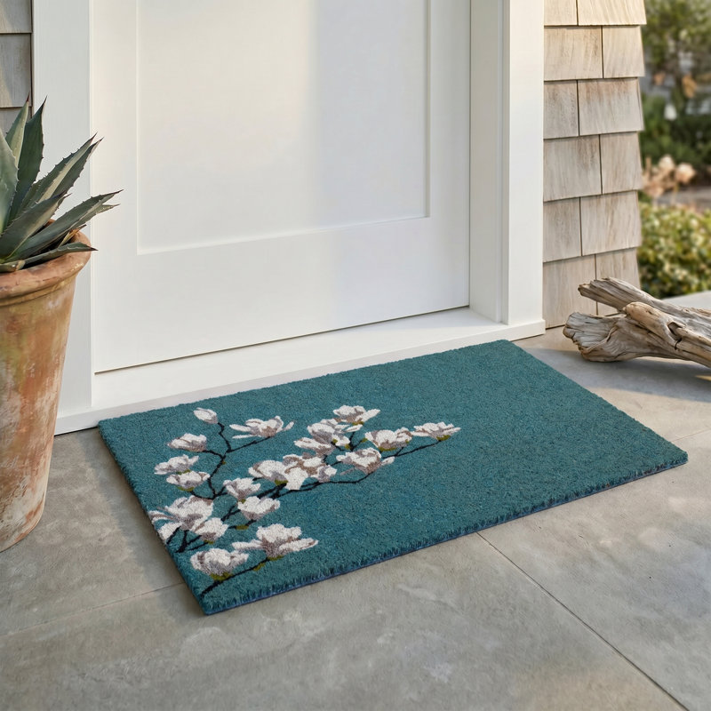 Paillasson Yohane Magnolia, 18 po x 60 po antidérapant, Branche de magnolia - bleu sarcelle