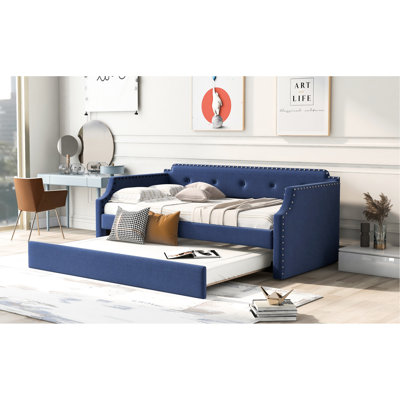 Lit de jour simple bleu tapissier avec couchette - Tissu en lin, lattes de bois robustes bleues, revêtement, support résistant