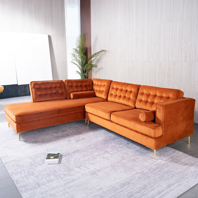 Canapé modulaire 100% en velours capitonné Addilynn, Orange, Orienté vers la gauche