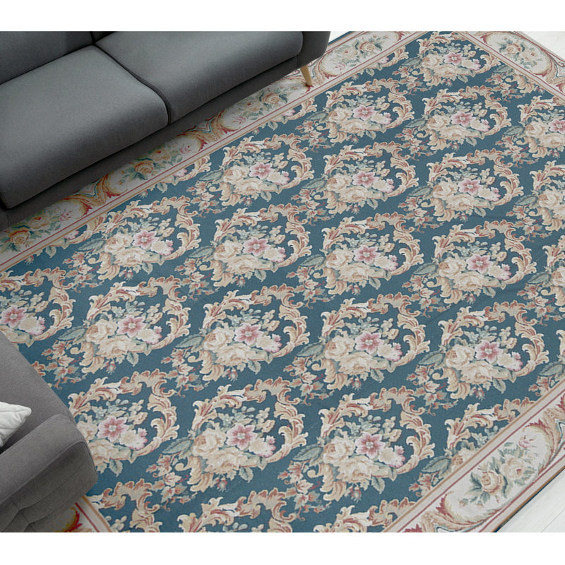 Tapis floral vert / beige en laine noué à la main Needlepoint
