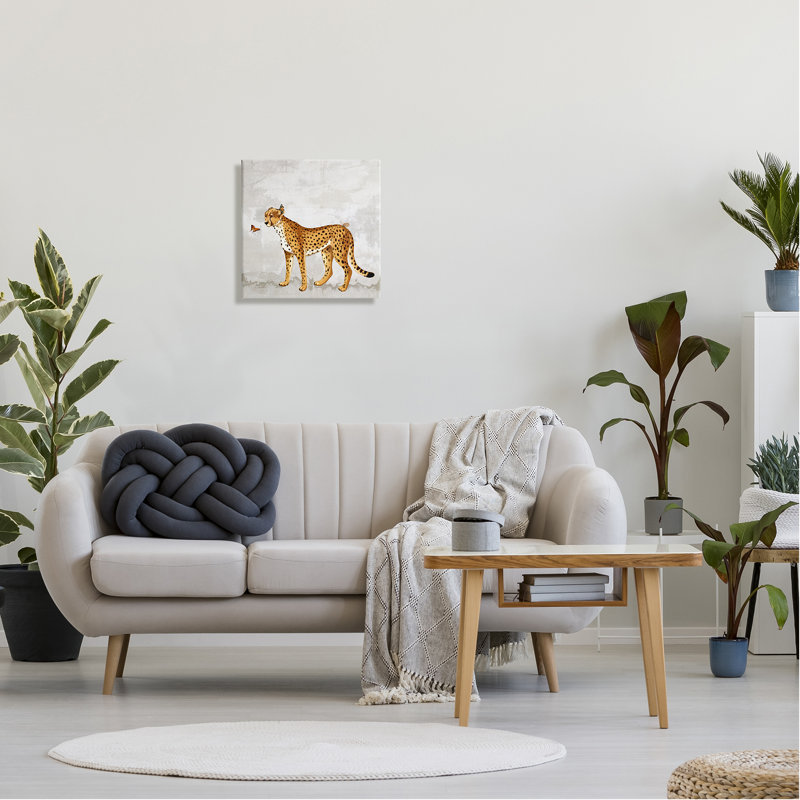 17" Square Beige Canvas Art with Leopard and Butterfly