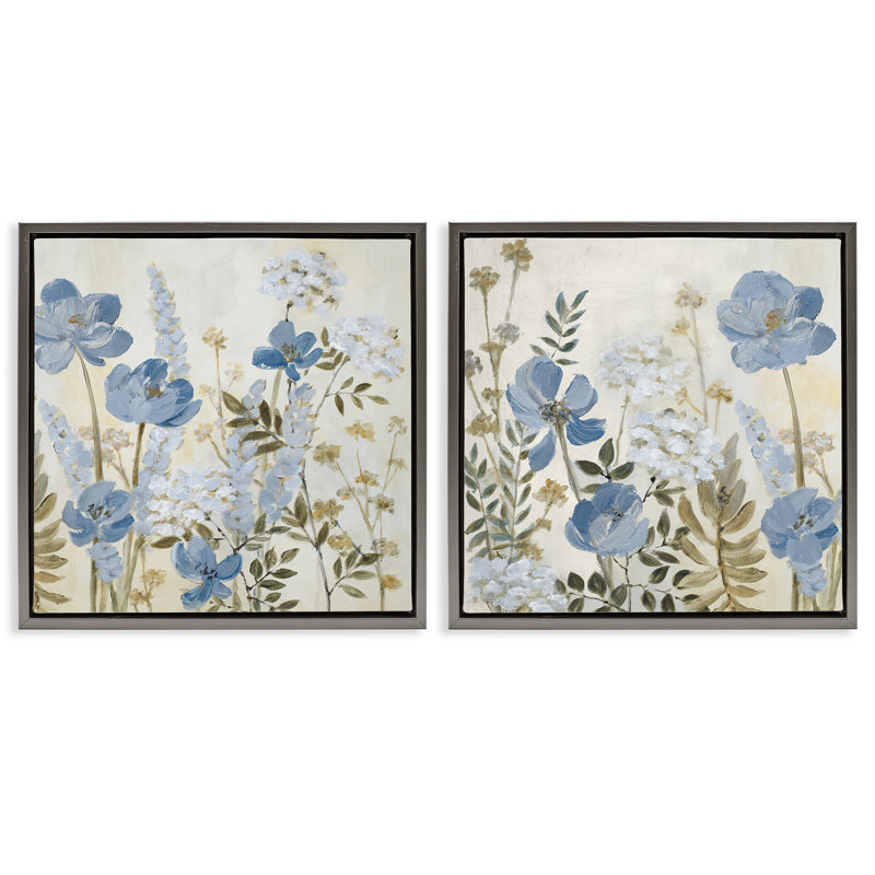 Ensemble de 2 cadres flottants Blue Peaceful Garden, design par Lanie Loreth, H 25 po x l 25 po, Cadre flottant gris lustré