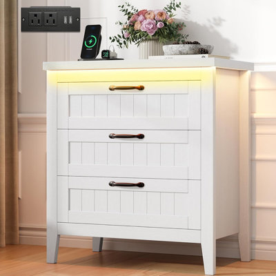 3-Drawer Dresser with Power Outlet & RGB LED Light – Modern Chest of Drawers with Charging Station for Bedroom, Living Room, Closet