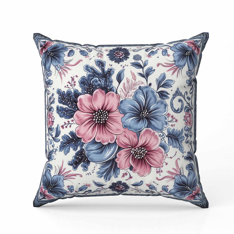 Oreiller en faux suède à motif de pervenche, Carré 20 po, Rose / Gris