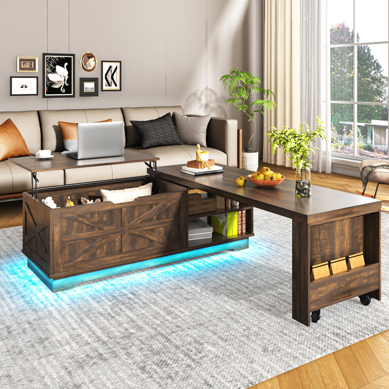 57"-89" Large Lift Top Coffee Table, 90°/180° Rotation Coffee Tables with Power Outlet & LED Lights, Farmhouse L-Shaped Extendable Coffee Table with Hidden Storage Compartment for Living Room