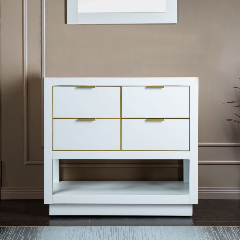 Armoire de salle de bain en bois massif 42 po x 21 po x 33 po Venice avec tiroirs en blanc et or, Blanc