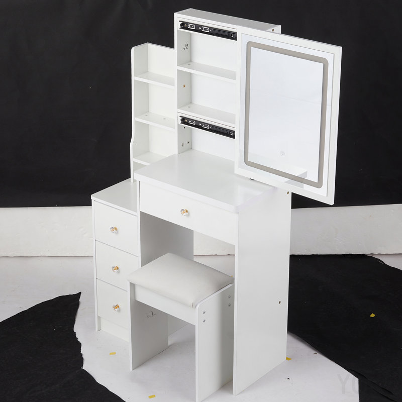 Table de coiffeuse avec miroir de chevet à gauche 29,2 po avec petit tabouret avec tabouret rembourré, grande commande tactile, interrupteur 3 couleurs, miroir à luminosité réglable, rangement grande capacité, certificat EPA, GCC, UL