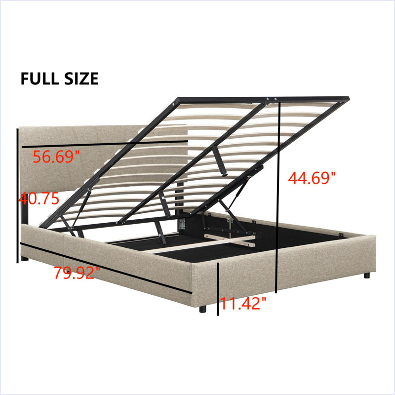 Lit plateforme tapissier avec rangement relevable, Beige, Lit double