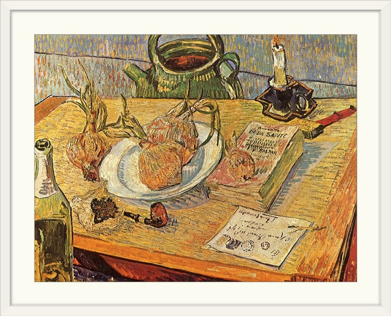 «Still Life with Onions and Dessin Table» par Vincent Van Gogh, reproduction d'art, H 20 po x l 24 po x P 1 po, Cadre blanc