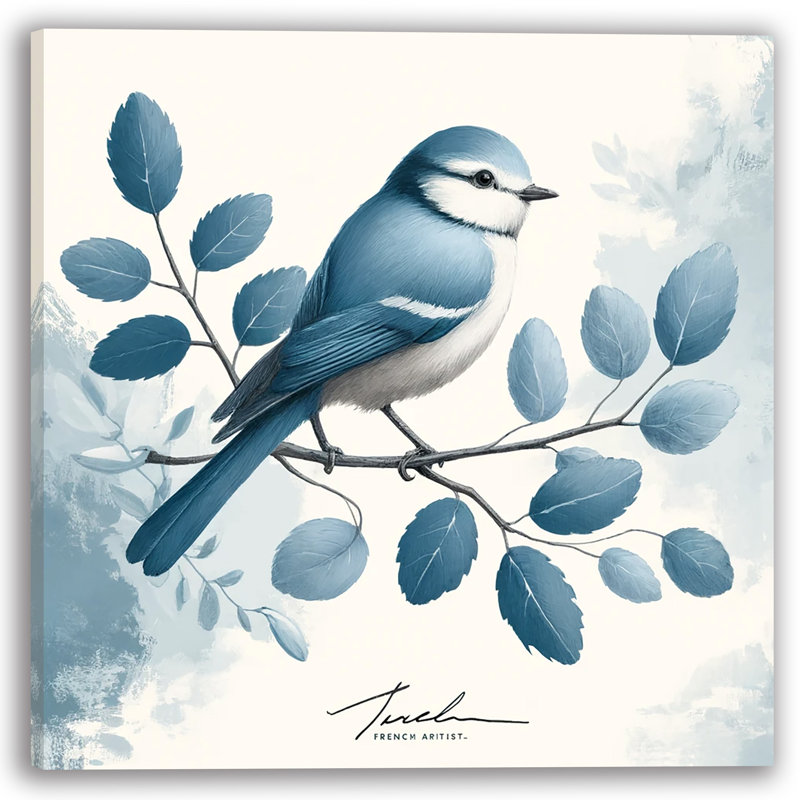 Élégant oiseau bleu avec éléments botaniques sur toile tendue, H 20 po x l 20 po x P 1,5 po