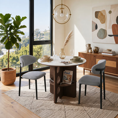 35.4" Round Sintered Stone Dining Table Set with 2-Tier Storage Base and Upholstered Chairs