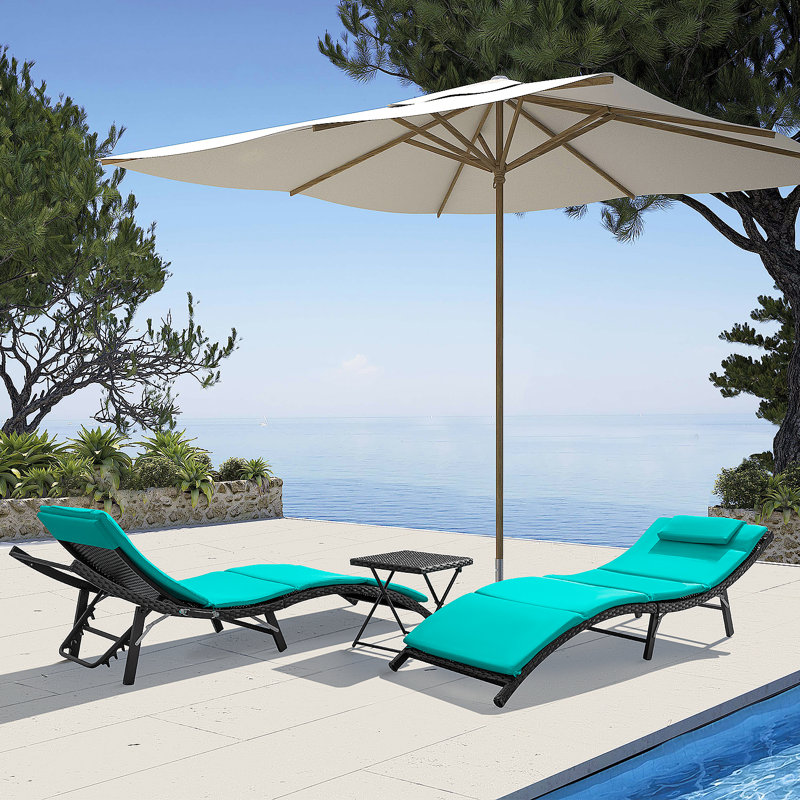 Raminez 3-Piece 81" PE Rattan Foldable Patio Chaise Lounge Set with Adjustable Backrest & Cushion, Outdoor Reclining Lounger with Foldable Coffee Table for Deck, Poolside, or Garden