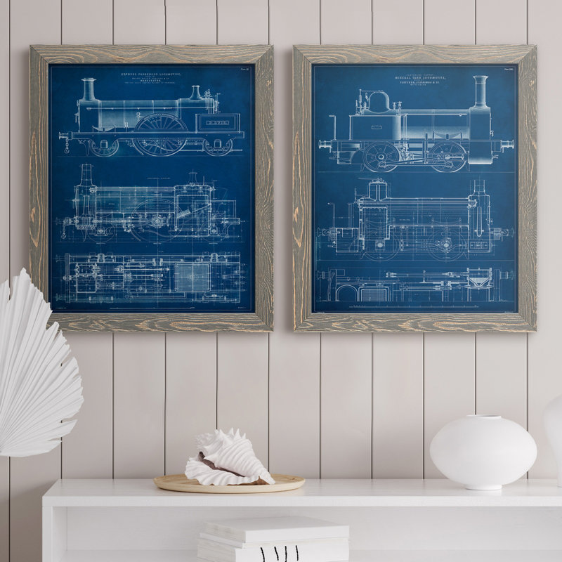 «Locomotive Blueprint I», ensemble de 2 impressions encadrées sur toile, H 20 po x l 34 po x P 1,5 po, Gris