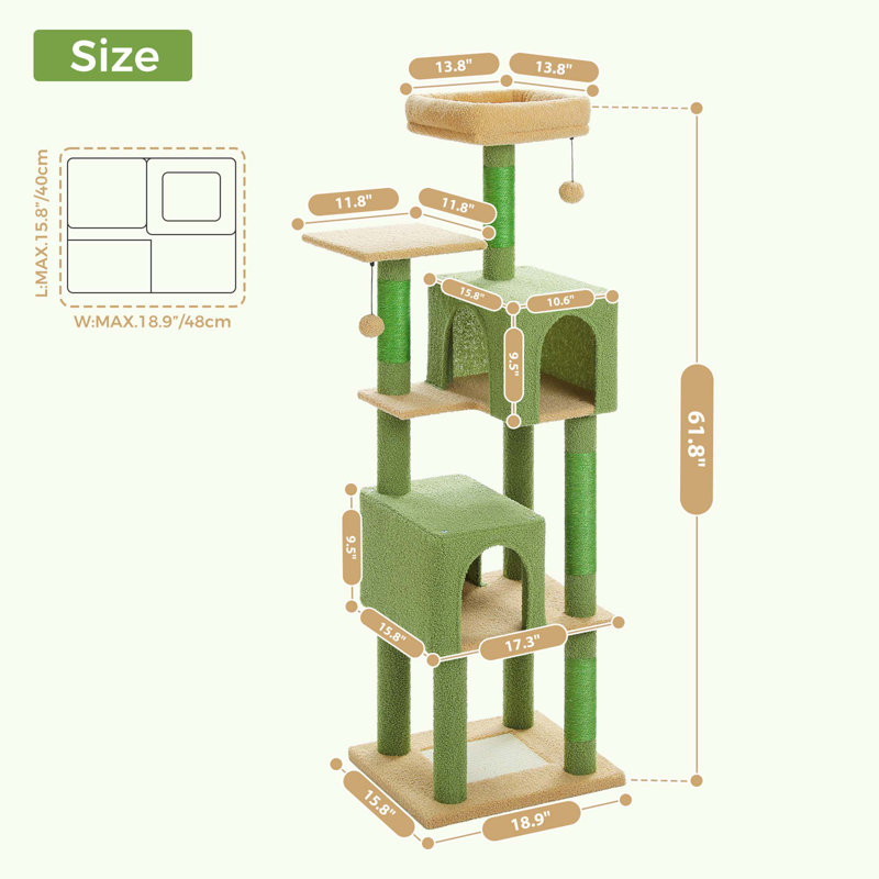 62" Multi-Level Cat Tower With 2 Spacious Condos, Scratching Pad, 4 Cat Scratching Posts, 2 Cat Perches, 2 Pompoms, Green