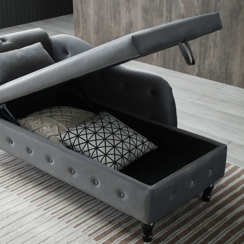 Chaise longue 2 places en velours gris avec rangement et capitonnage classique