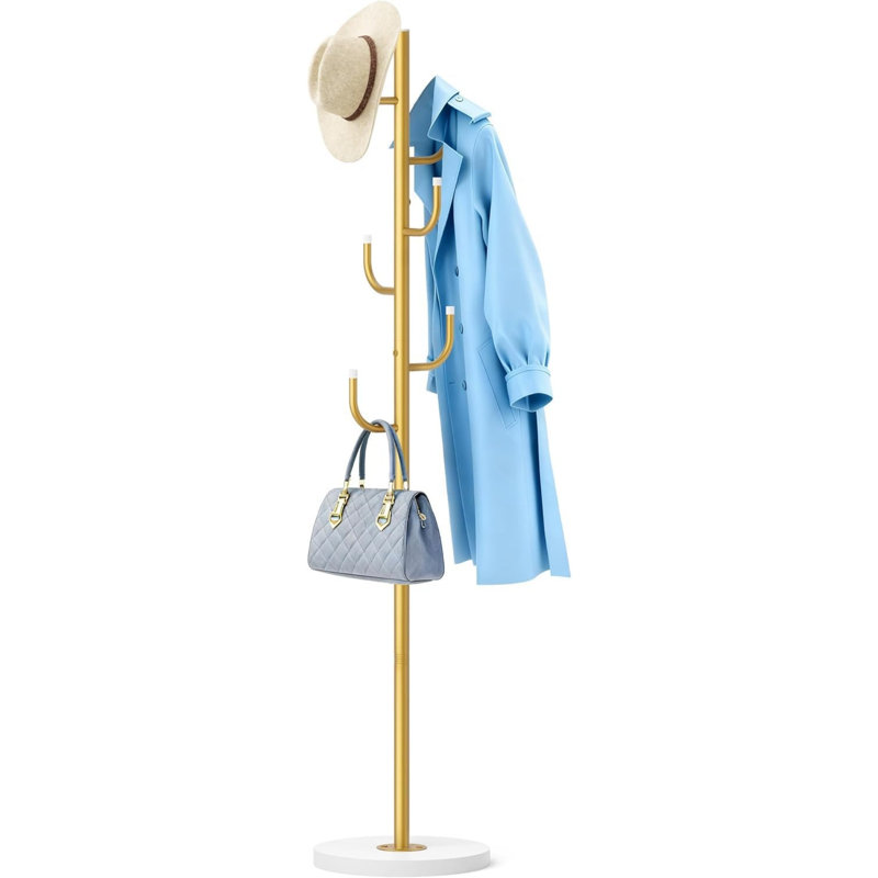 Freestanding Heavy-Duty Coat Rack, Coat Tree with 4 Adjustable Sizes, Stable Wood Base, 6 Hooks, Gold Finish, Standing Clothes Hanger Stand for Bedroom