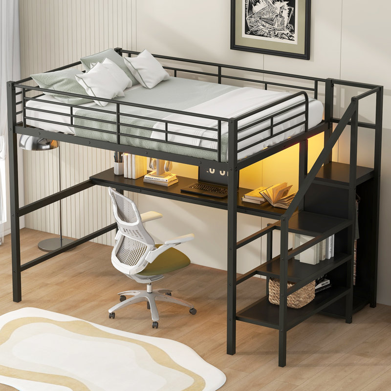 Lit mezzanine double en métal avec bureau intégré, escalier de rangement, garde-robe et lumière DEL à changement de couleur