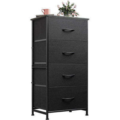 Commode avec 4 tiroirs, tour de rangement en tissu, unité d'organisation pour la chambre à coucher, couloir, vestibule, placards, structure en acier robuste, plateau en bois, poignée facile à tirer, noir anthracite