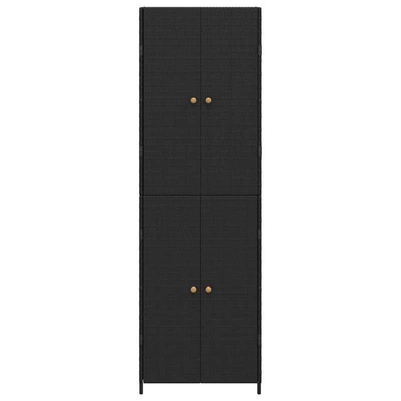 Armoire de rangement en bois vidaXL, rotin en poly durable, résistant à l'eau, 4 compartiments, armoire de rangement d'extérieur, structure en acier thermolaqué, boutons en bois d'acacia massif, 23,2 po x 15,7 po x 70,9 po, noir