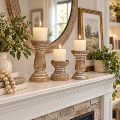 3-Piece Pine Wood Pillar Candle Holder Set with Iron Candle Cups