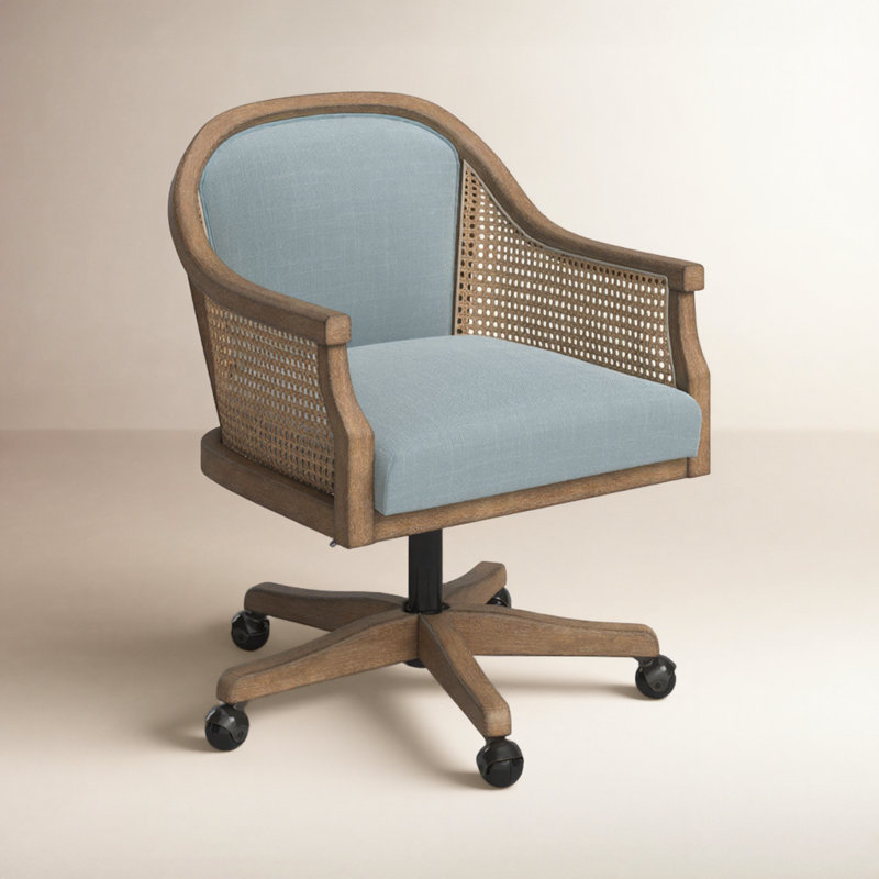 Ackeron Farmhouse 23.5"W Rattan Upholstered Office Task Chair with Solid Wood Arms and Base, Blue Canvas