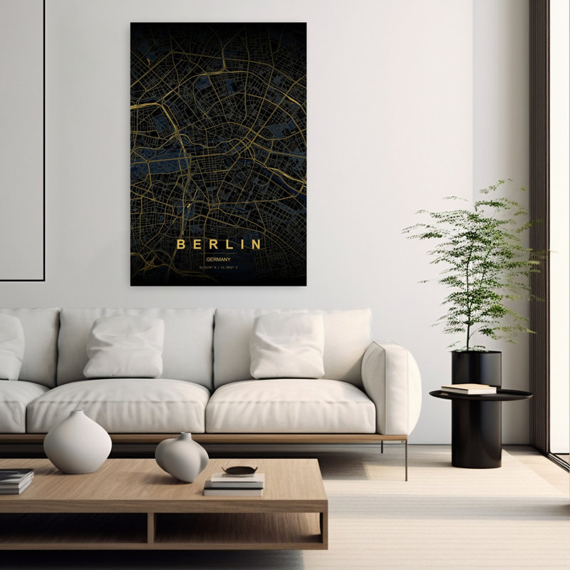 Golden Berlin Map Abstract Elegant Geometric Architecture City Wall Art Print 1 Piece Wrapped Canvas Wall Art