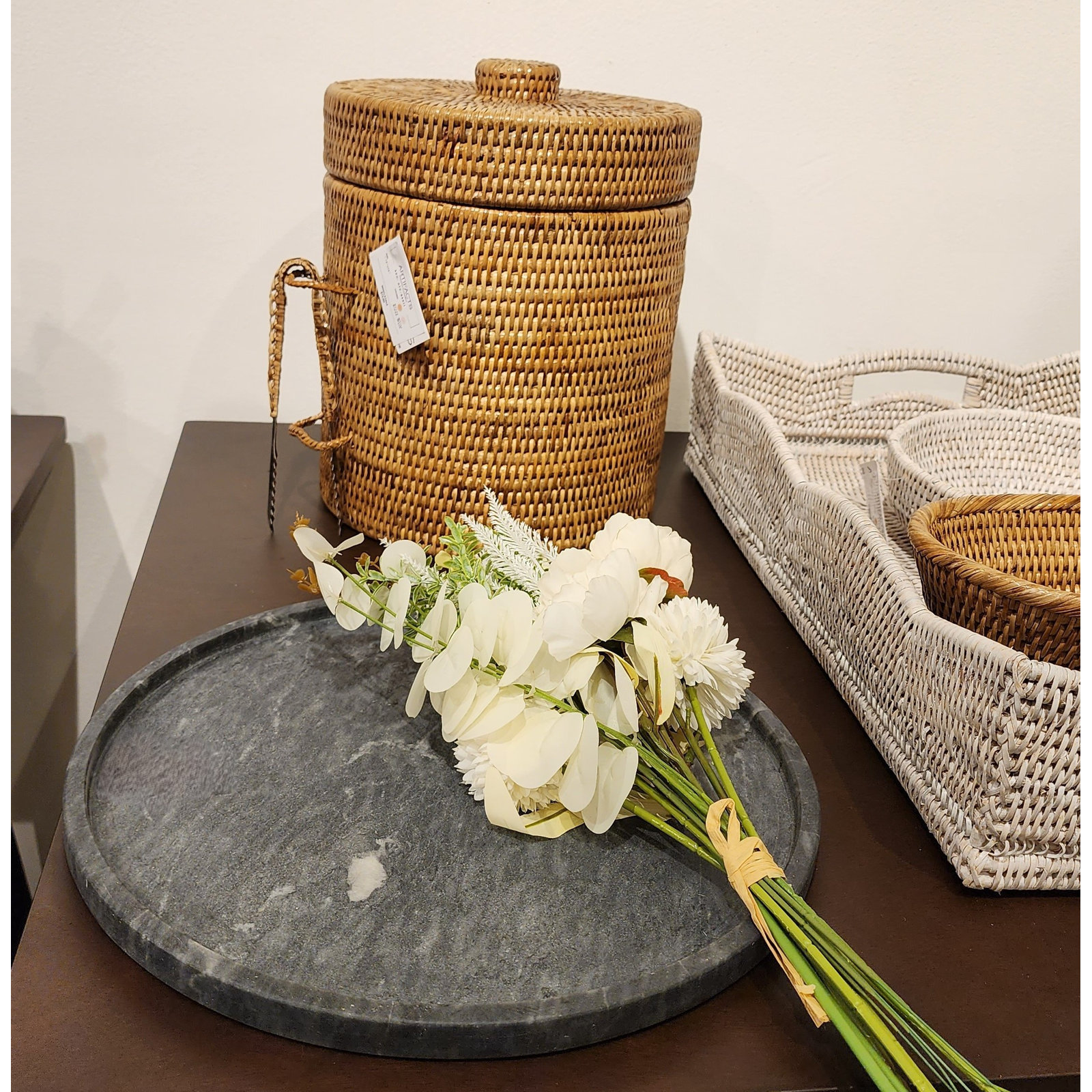 Artifacts Rattan™ Round Marble Tray, Black Matte
