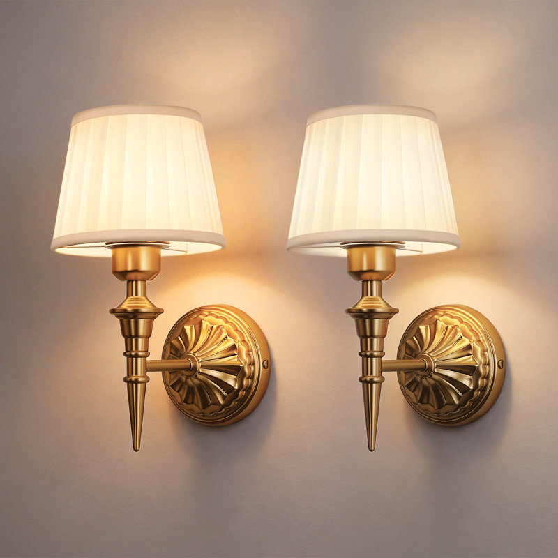 Alcester 12''(H) Traditional Wall Sconce Light Lamps With Embossed Metal Backplate & Pleated Fabric Shade