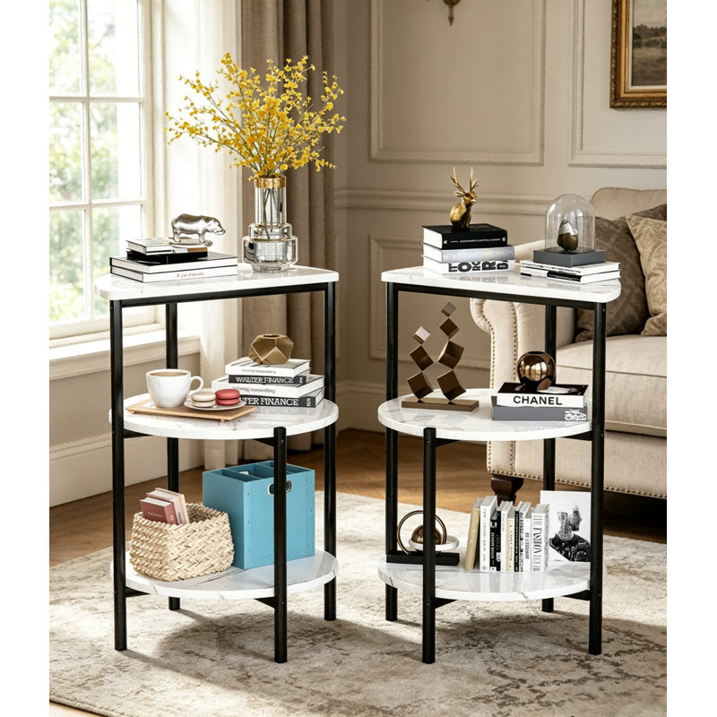 Ensemble de 2 tables de bout en faux marbre à trois niveaux, demi-lune et table d'appoint en forme d'éventail avec structure en métal, table de chevet à 3 tablettes