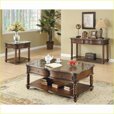Marble Top Mahogany Finish Coffee Table with Drawer &amp; Shelf, Wood Construction for Living Room
