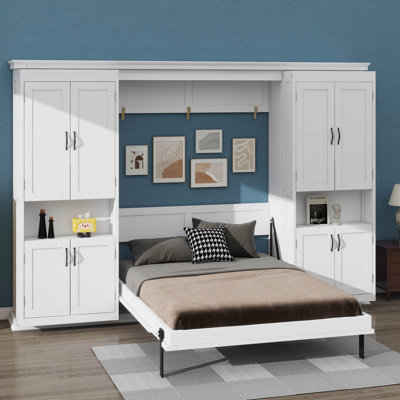 Lit escamotable pleine grandeur avec deux modules de rangement coulissants durables, conception de lit mural caché ingénieux, deux supports latéraux robustes à 6 niveaux
