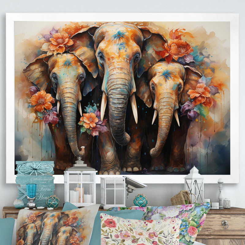 Art asiatique, éléphants thaïlandais - impression, H 30 po x l 40 po x P 1,5 po, Cadre photo blanc